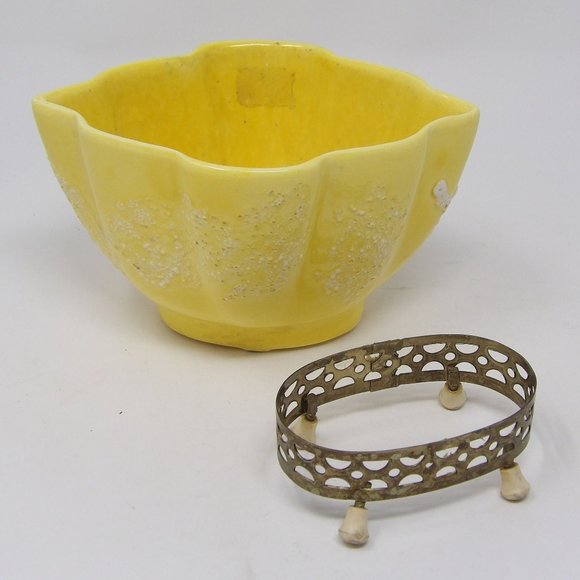 Vintage MCM Mid-Century Modern Yellow Splatter Glaze Vase Planter on Brass Stand - Picture 6 of 10